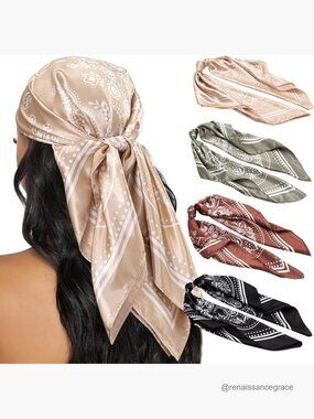 4-Pack Satin Head Scarves 35" Square, Hair Wraps & Neck Scarves for Women